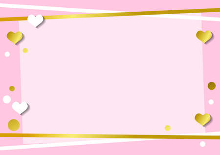 Festive romantic pink background with frame of white hearts and confetti and golden stripes for decoration, poster, banner, design, text, advert, valentine, party, celebration, gift tag, birthdayのイラスト素材