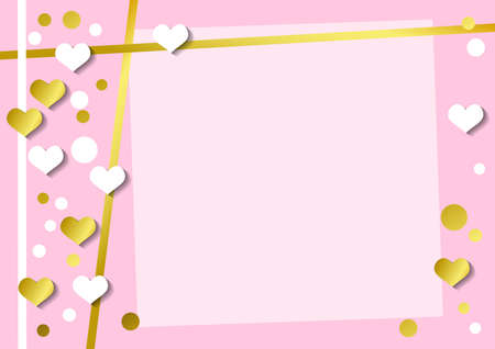 Festive romantic pink background with frame of white hearts and confetti and golden stripes for decoration, poster, banner, design, text, advert, valentine, party, celebration, gift tag, birthdayのイラスト素材