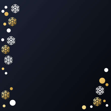 Festive winter dark background with frame of golden and white snowflakes and confetti for decoration, poster, banner, design, text, advert, new year, party, christmas, celebration, gift tagのイラスト素材