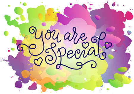 Modern mono line calligraphy lettering of You are special in blue with hearts on watercolor backgroundのイラスト素材
