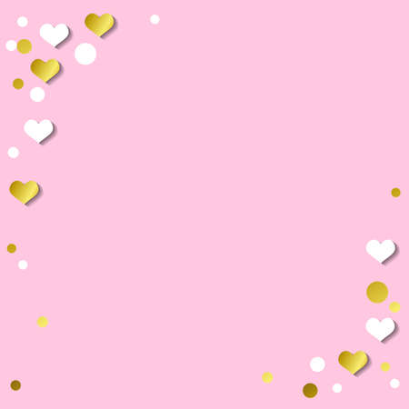 Festive romantic pink background with frame of white hearts and confetti and golden stripes for decoration, poster, banner, design, text, advert, valentine, party, celebration, gift tag, birthdayのイラスト素材