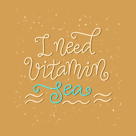 Modern mono line calligraphy lettering of I need vitamin sea in white with waves on sand backdropのイラスト素材