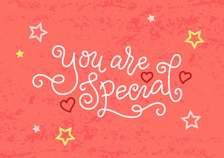 Calligraphy lettering of You are special in white with hearts and stars on coral textured backgroundのイラスト素材