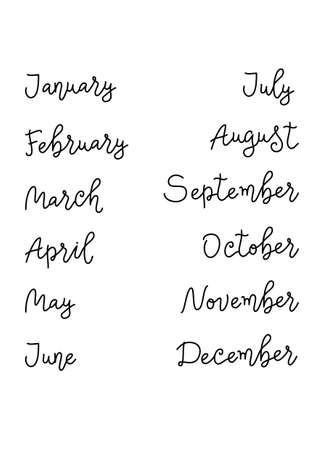 Handwritten decorative calligraphy lettering of months of the year in black isolated on white backgroundのイラスト素材