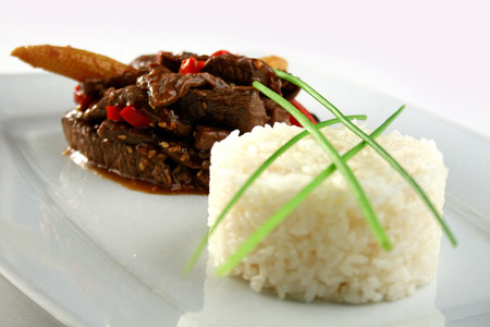 Delicious meat with vegetables and riceの写真素材