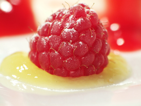 Delicious fresh raspberry in vanilla cream with sweet powderの写真素材