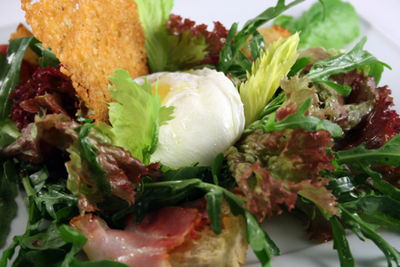 Green salad with poached egg, bread crisp, olive oil and fried baconの写真素材