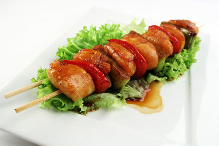 Delicious yakitori with sweet pepper and leekの写真素材