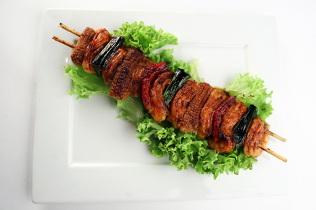 Delicious yakitori with corn and eggplantの写真素材