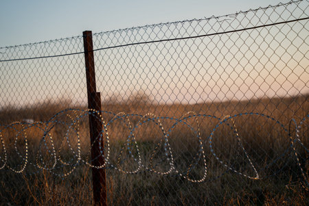Fence with barbed wire and mesh at sunset. Private territory. Barbwire on sunset background.
