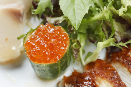 red caviar with seafood and herbs
