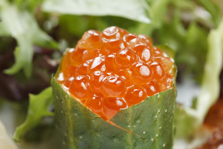 red caviar with seafood and herbs