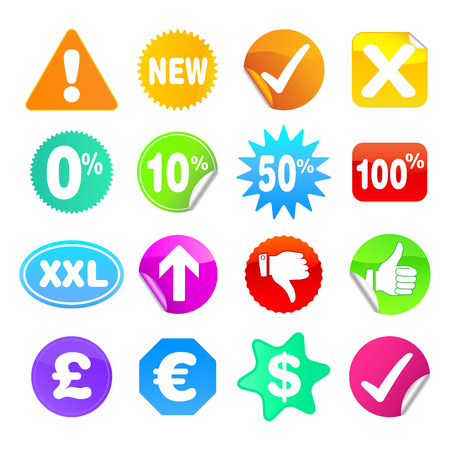 Bright stickers for web, presentations or computer applications.  Various shapes and common symbols included.のイラスト素材