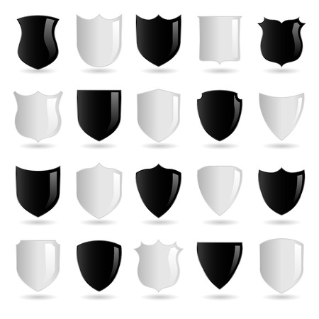 Selection of 20 black and white badges or shields in different shapes suitable for use in layouts, logos or heraldry.のイラスト素材