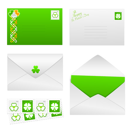 St. Patrick's Day envelopes with shamrock stamps and celtic designのイラスト素材