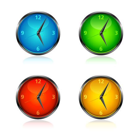 Set of four coloured clocks in blue, green, red and orange.のイラスト素材