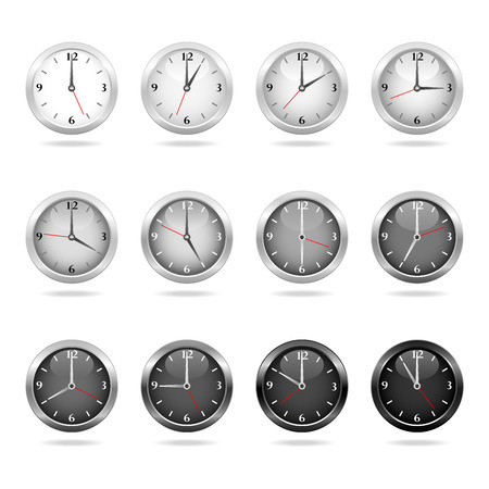 Set of clocks showing hourly times from day to night.のイラスト素材
