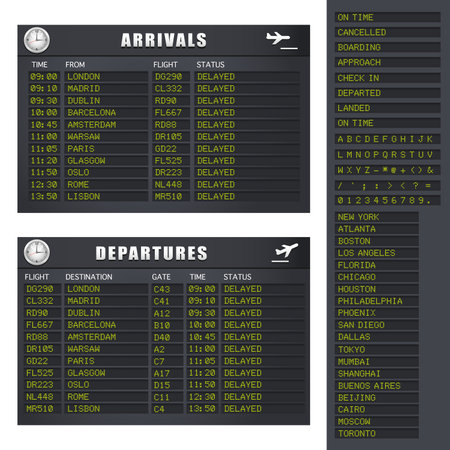 Flight Information board showing delayed flights.のイラスト素材