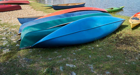 Various colored kayak to be use at the lakeの写真素材