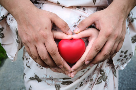 Selective focus of pregnant women holding hand with husband and love symbol toy on the stomach