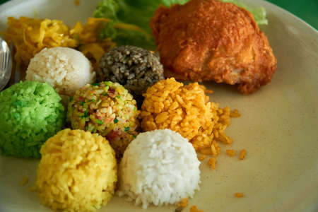 Close up of Nasi 7 Benua with 7 different rice type that represent 7 continents of the worldの写真素材