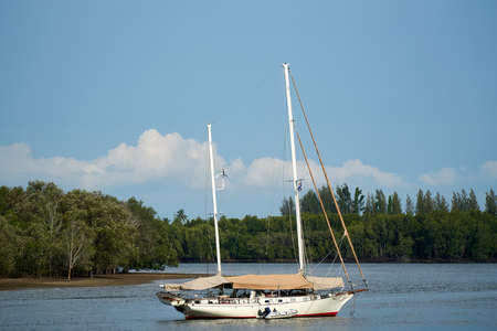 View of a white yacht at Pak Nam River in Krabi, Thailand during the dayの写真素材