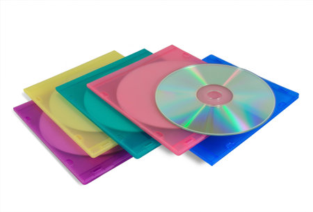 CD or DVD in colored plastic cases isolated on white 