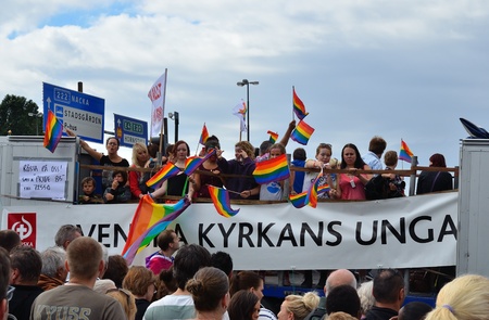 Stockholm, Sweden - august 06, 2011- Participants and spectators of The gay pride parade.のeditorial素材