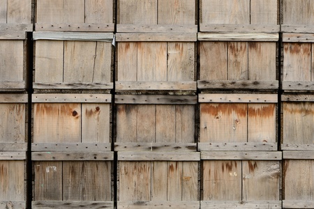 Stack of wood produce boxes on a truck farm in Oregonの写真素材