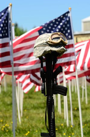Vintage Vietnam era helmet at a celebration of Veterans of Foreign Wars in Sutherlin Oregonの写真素材