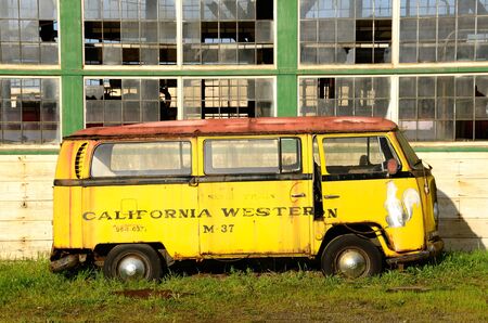 FORT BRAGG, CA - MARCH 06  A old Volkswagon bus used by the California Western Railroad sits at an old mill site March 06, 2011 in Fort Bragg, CA  のeditorial素材