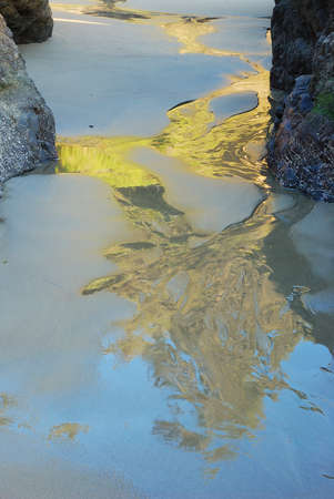 Reflections on the wet sand from the returning surf between basalt rocks on the beach near Newport Oregonの写真素材