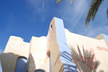 Modern Mexican Architecture and Blue Sky at a small shopping mall in Cabo San Lucas, Mexico