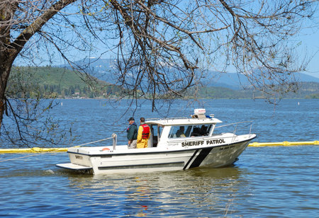 Klamath County Sheriff Marine Boat druing a Booming drill on Klamath Lake for the Oregon State Haz...