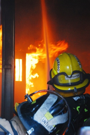 Fire Department crews attacking a gas fire in the mobile fire prop in Roseburg Oregonの写真素材