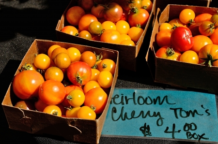 A vendor sales fresh organic tomatoes at a farmers market in Oregonの写真素材