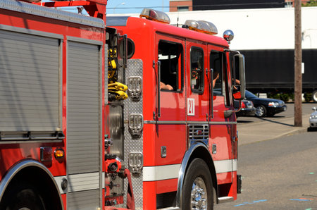 Portland, OR - July 14, 2013  A fire engine responds to a medical emergency in the industrial areal...