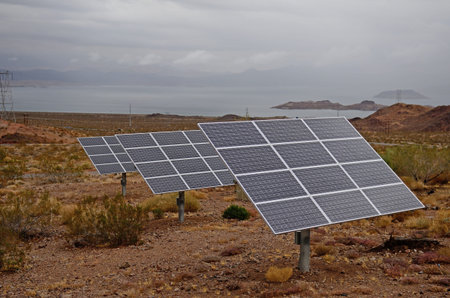Small photovoltaic cell solar panel array set up for a state visitor center in Nevada during a large...