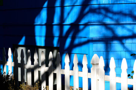 A white picket fence against a stark blue wall with tree shadowsの写真素材