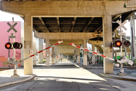 railroad crossing under the Hawthourn Bridge in Portland Oregon
