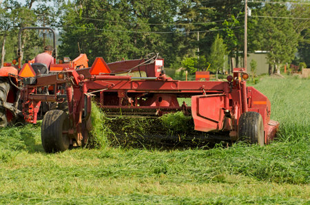 Tractor pulling a swather grass mower cutting through a hay fieldの写真素材