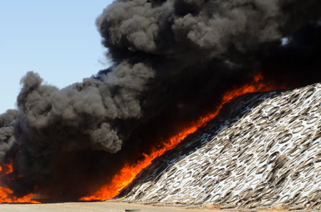 GUSTINE, CA, USA - JUNE 18, 2014: Fire fighters respond to a semi truck and silage fire at a dairy...