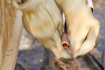 Plumbing contractor works on the copper pipe domestic water system on a luxury custom homeの写真素材