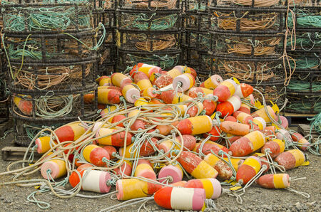 A group of crab rings, rope and other gear waits on a dock for next season in Oregonの写真素材