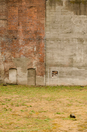 Detail of an old clay brick masonary wall and mortar showing settling, and aging on a downtown commercial buildingの写真素材