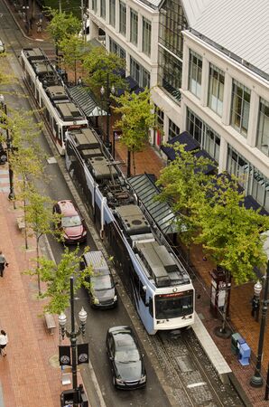 Portland, OR, USA - September 24, 2014:  MAX, a light rail commuter train sits at a station in the downtown area near the courthouse in Portland Oregon on September 24, 2014のeditorial素材