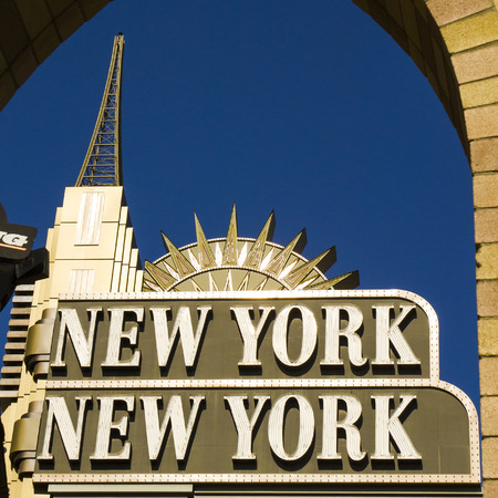 Las Vegas NV USA  November 12 2014: A neon sign welcomes visitors to the New York New York Resort and Casino The front facad is being replaced and updated.のeditorial素材