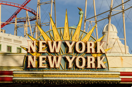 Las Vegas NV USA  November 12 2014: A neon sign welcomes visitors to the New York New York Resort and Casino The front facad is being replaced and updated.のeditorial素材