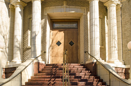 Portland, OR, USA - February 21, 2014: Corner staircase leads up to a column adorned entrance,  First Church of Christ, Scientist, 1909のeditorial素材