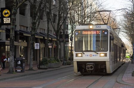 Portland, OR, USA - February 21, 2014: Mass transit train operates in downtown Portland,のeditorial素材
